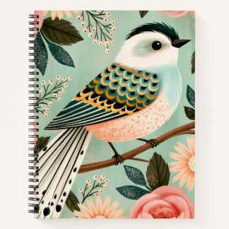 Cuaderno Flores Rosas Caprichosas Pájaro Folk Vintage