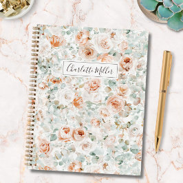 Cuaderno Flores Rosas de monograma Eucalyptus deja flores