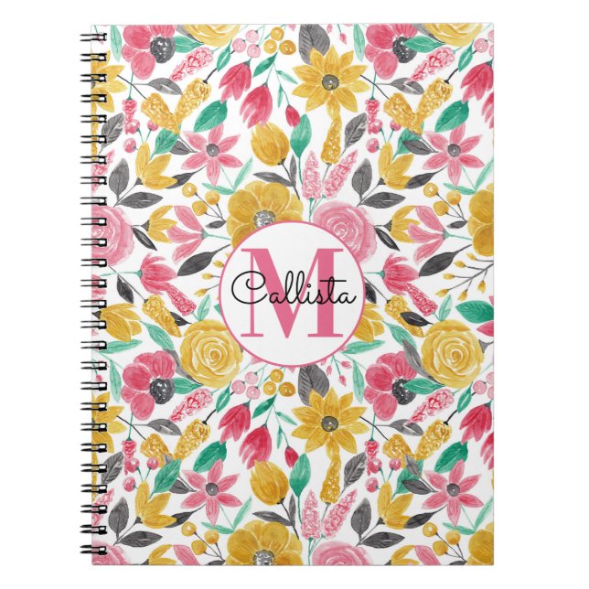 Cuaderno Flores rosas doradas dejan un monograma acuarela (Frente)