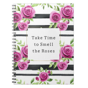 Cuaderno Flores Rosas Rayas Negras Tómate Tiempo Huele Rosa