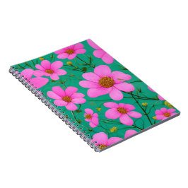 Cuaderno flores rosas sobre fondo verde