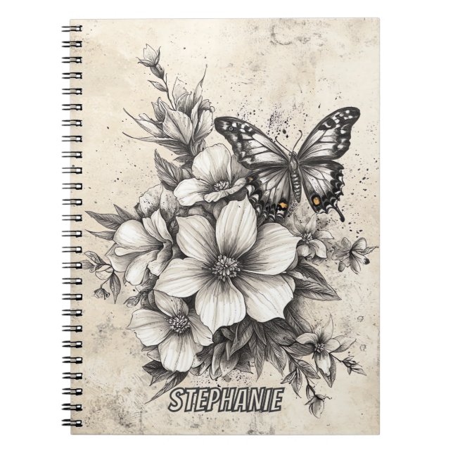 Cuaderno Flores rusticas y mariposa - Papel de edad (5) (Frente)