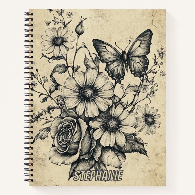 Cuaderno Flores rusticas y mariposa - Papel de edad (6) (Anverso)