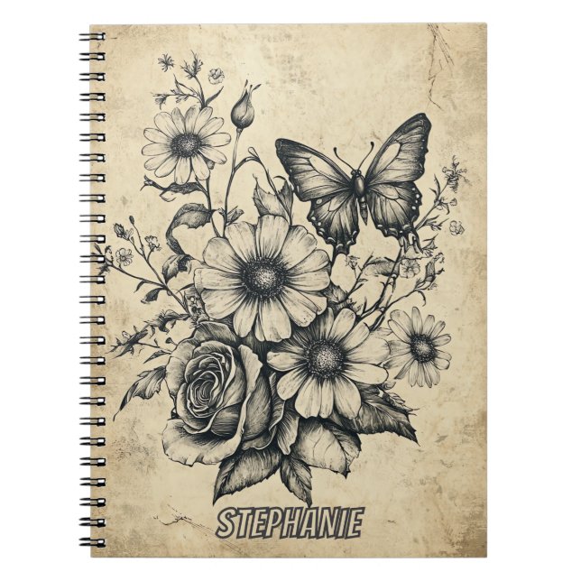 Cuaderno Flores rusticas y mariposa - Papel de edad (6) (Frente)