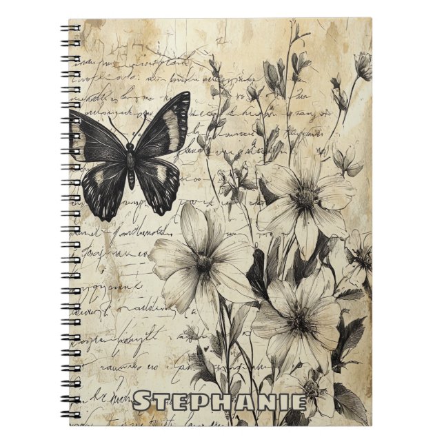 Cuaderno Flores Rústicas y Mariposa - Papel Envejecido (Frente)