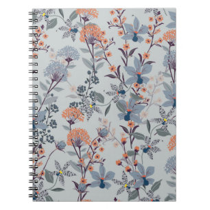 Cuaderno Flores silvestres en azul, patrón botánico.