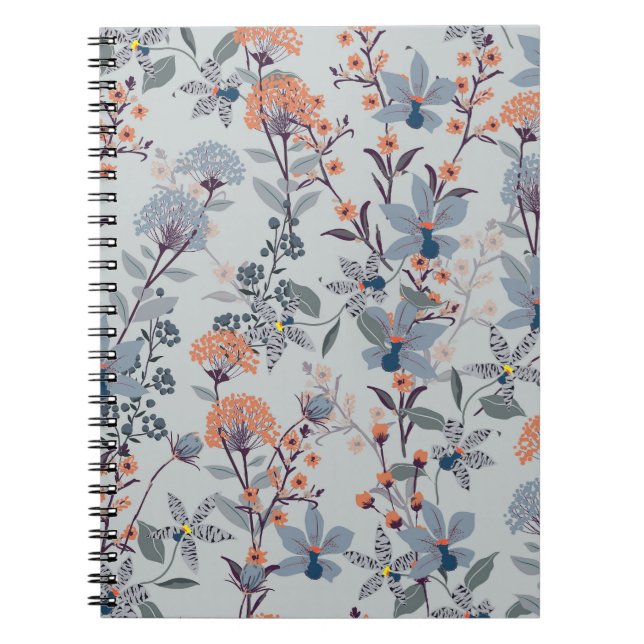 Cuaderno Flores silvestres en azul, patrón botánico. (Frente)