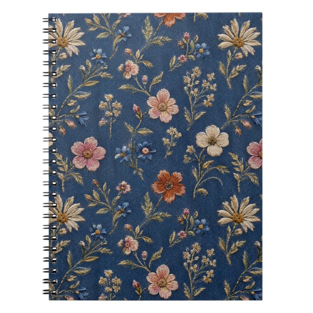 Cuaderno Flores silvestres lisas bordadas sobre fondo de me (Frente)