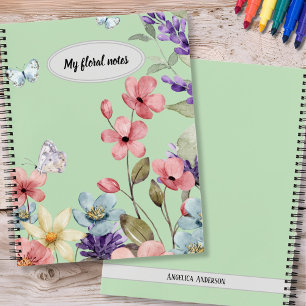 Cuaderno Flores silvestres y mariposas verde pálido femenin