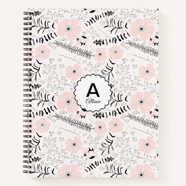 Cuaderno Flores singulares monogramadas de color rosa gris (Anverso)
