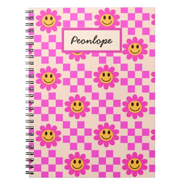 Cuaderno Flores Sonrientes de Cuadros Rosa Caliente Persona (Frente)