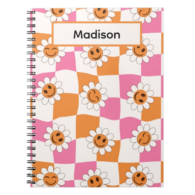 Cuaderno Flores sonrientes en tableros de ajedrez deformado (Frente)