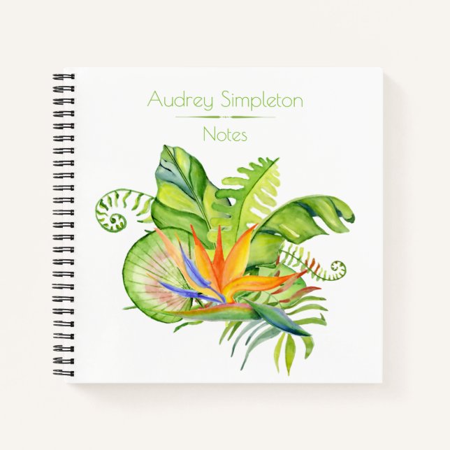 Cuaderno Flores Tropicales Acuarela Hojas Cuadrado | (Anverso)