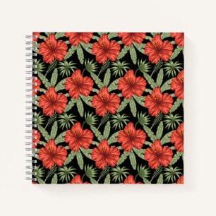 Cuaderno Flores tropicales rojas patrón de hojas verdes sin