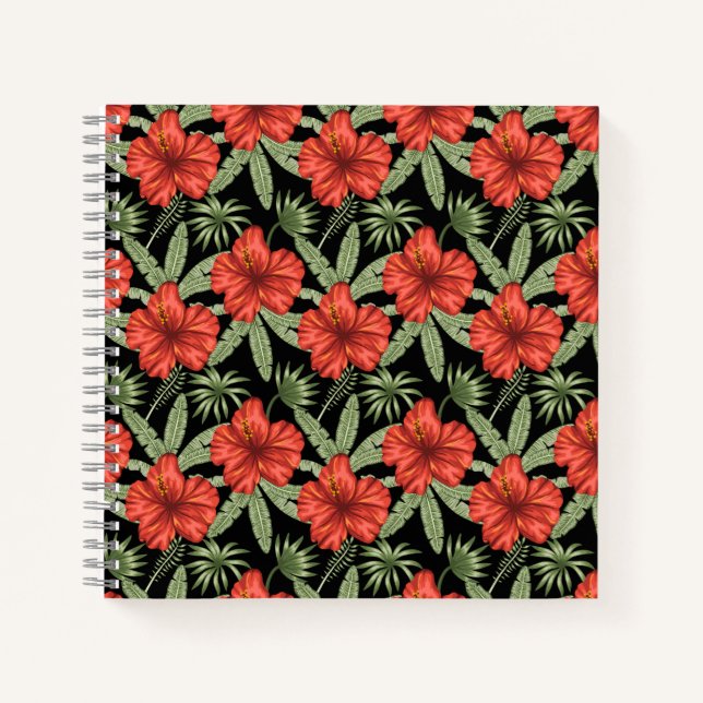 Cuaderno Flores tropicales rojas patrón de hojas verdes sin (Anverso)