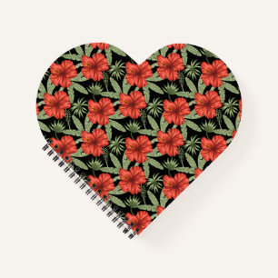 Cuaderno Flores tropicales rojas patrón de hojas verdes sin