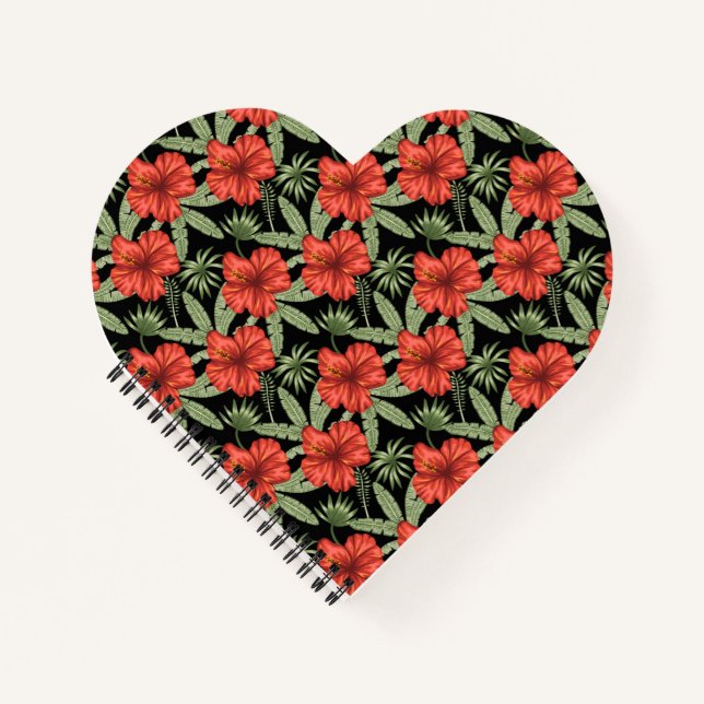 Cuaderno Flores tropicales rojas patrón de hojas verdes sin (Anverso)