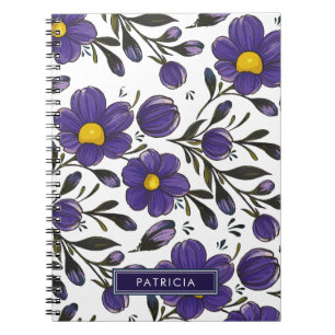 Cuaderno Flores violetas azules con hojas personalizadas