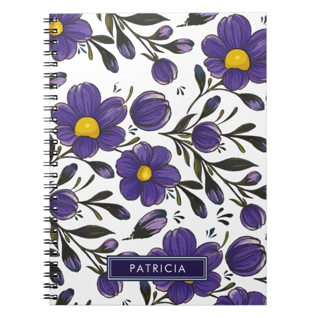 Cuaderno Flores violetas azules con hojas personalizadas (Frente)