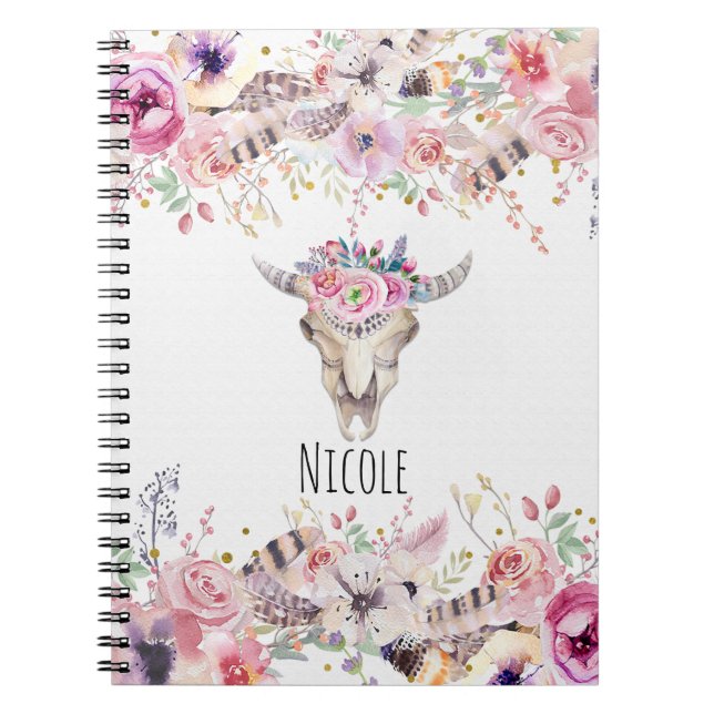 Cuaderno Flores y cráneo de vaca Moda Glam Boho (Frente)