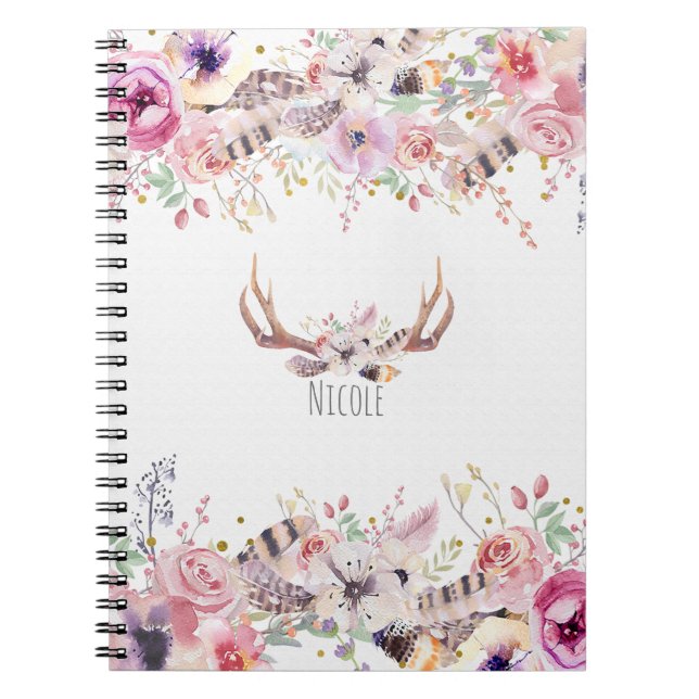 Cuaderno Flores y cuernos de ciervo rústicos personalizados (Frente)