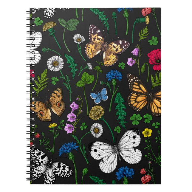 Cuaderno Flores y mariposas silvestres en negro (Frente)
