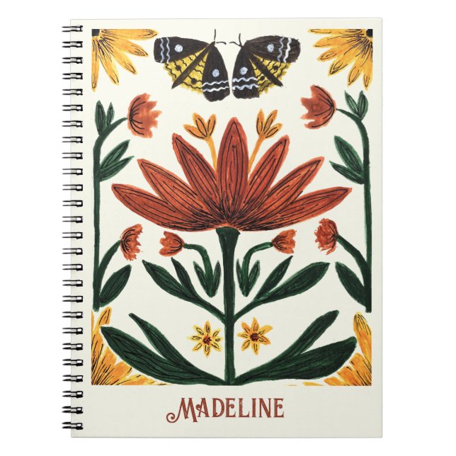 Cuaderno Flores y mariposas simétricas abstractas (Frente)