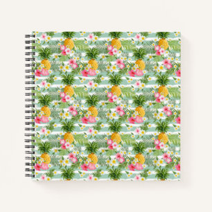 Cuaderno Flores y piña tropicales en franjas Verde azulada