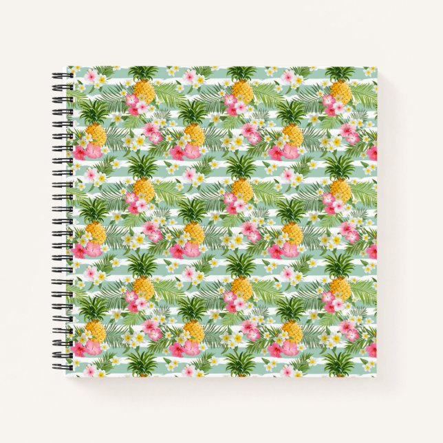 Cuaderno Flores y piña tropicales en franjas Verde azuladas (Anverso)