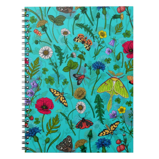 Cuaderno Flores y polillas silvestres en verde azulado (Frente)