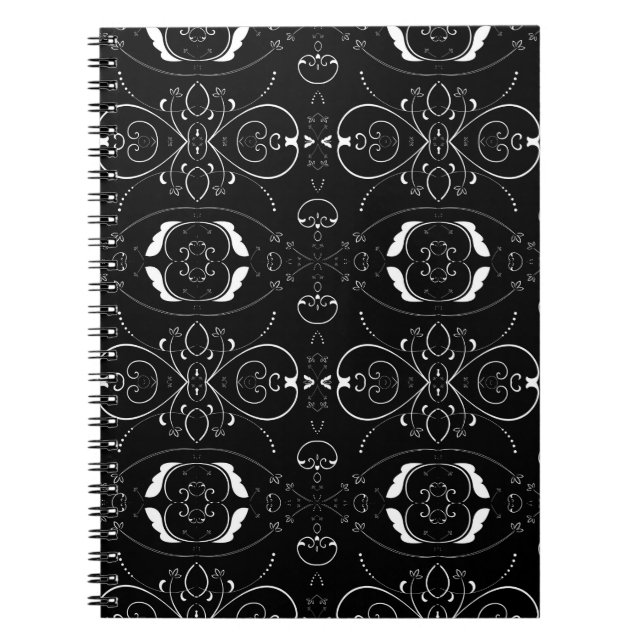 Cuaderno Florituras blancas elegantes en negro (Frente)
