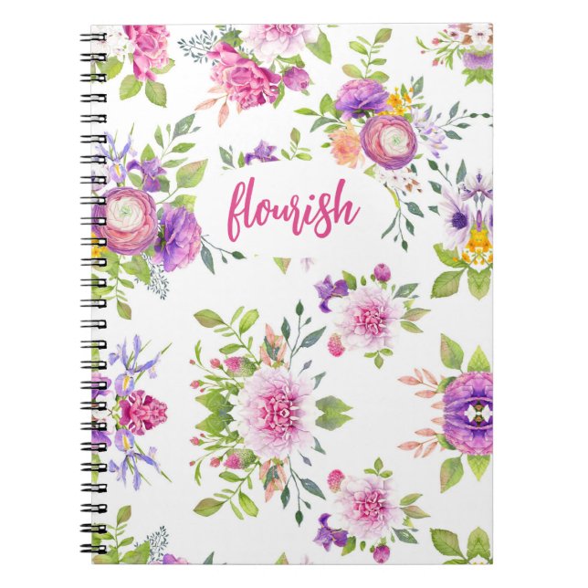 Cuaderno Flourish Pink Morple Floral acuarela Feminine (Frente)
