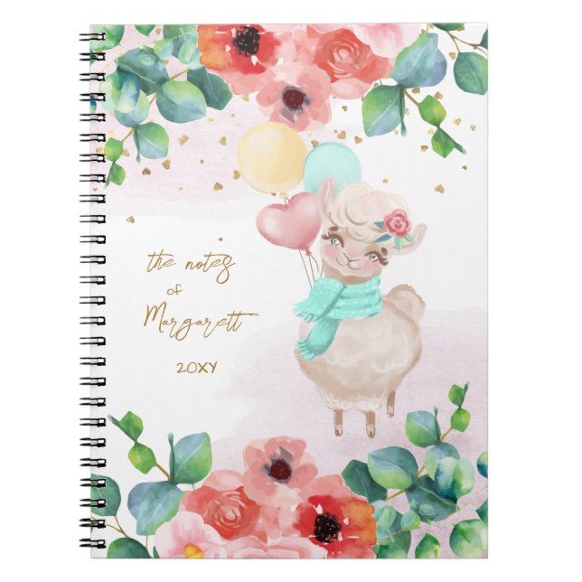 Cuaderno Fluffy Llama Ilustracion Flores Chica Diario (Frente)