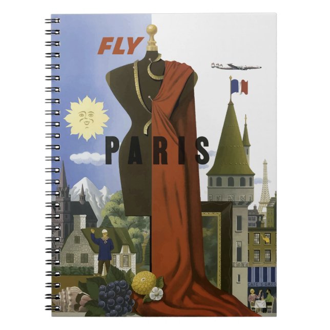 Cuaderno Fly Paris Francia Vintage Travel Poster (Frente)
