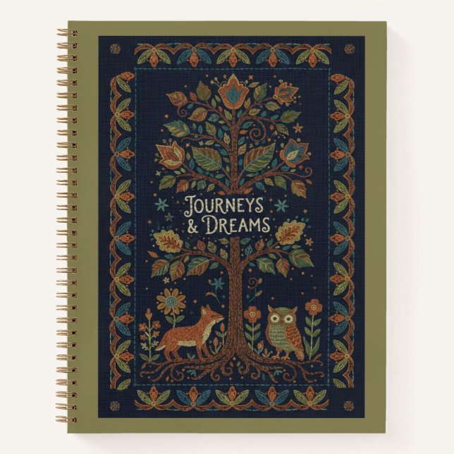 Cuaderno Folk Art Forest Nature, Faux Stitch Navy Linen  (Anverso)