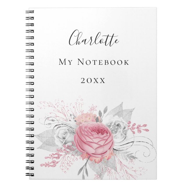 Cuaderno Follaje rosa de plata floral nombre blanco elegant (Frente)