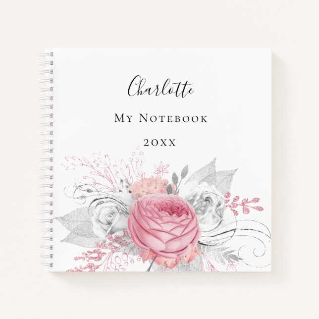 Cuaderno Follaje rosa de plata floral nombre blanco elegant (Anverso)