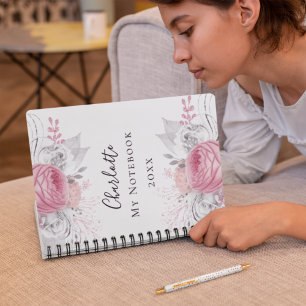 Cuaderno Folleto de plata rosa floral nombre blanco