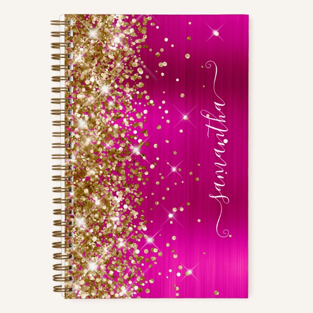 Cuaderno Folleto de Purpurina Dorada Rosa Caliente con Firm (Anverso)