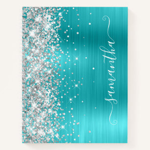 Cuaderno Folleto Turquesa Azul Plateado Brillo Firme Femeni