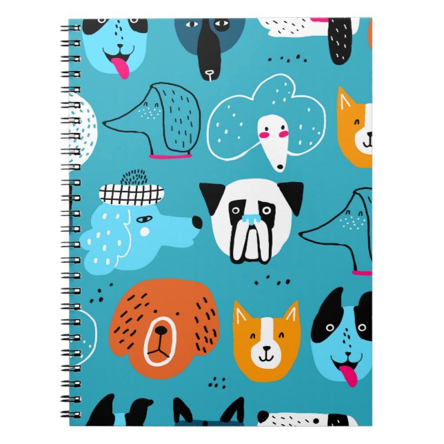 Cuaderno Fondo azul, estampado de perro juguetón. (Frente)