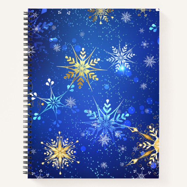 Cuaderno Fondo azul XMAS con copos de nieve dorados (Anverso)