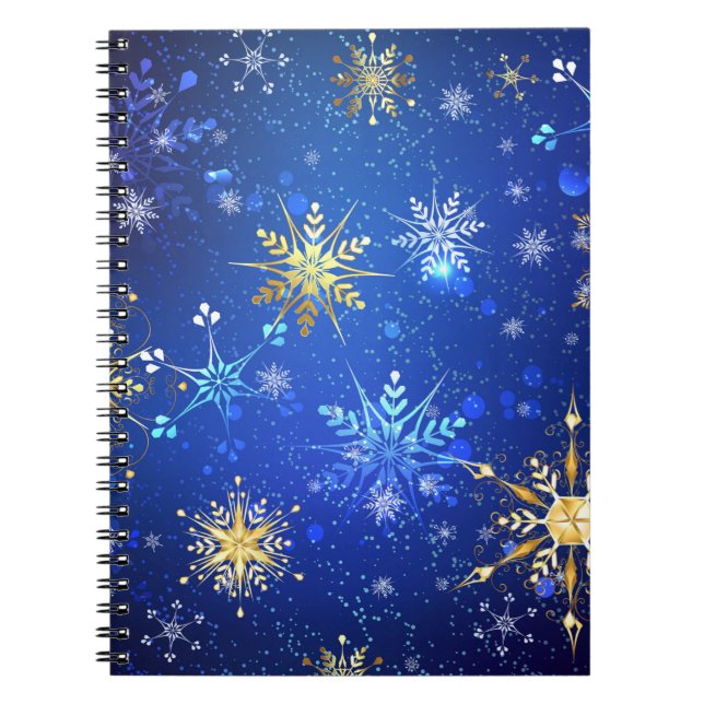 Cuaderno Fondo azul XMAS con copos de nieve dorados (Frente)