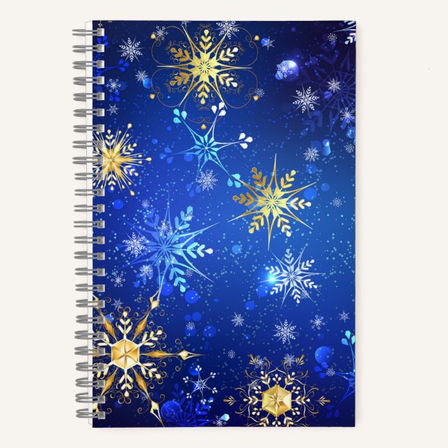 Cuaderno Fondo azul XMAS con copos de nieve dorados (Anverso)