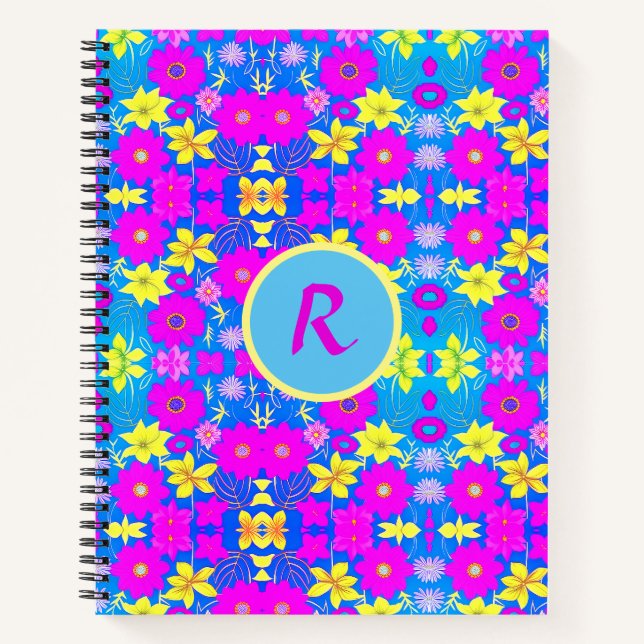 Cuaderno Fondo con patrón de flores rosas azules amarillas  (Anverso)