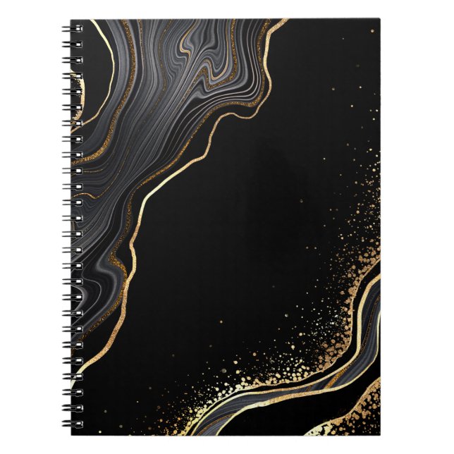 Cuaderno fondo de agate negro abstracto con venas doradas, (Frente)