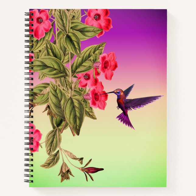 Cuaderno Fondo de degradado de flores rojas de colibrí (Anverso)