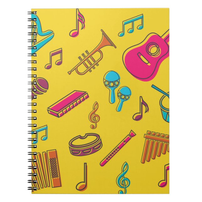 Cuaderno Fondo de instrumentos musicales. notas musicales. (Frente)
