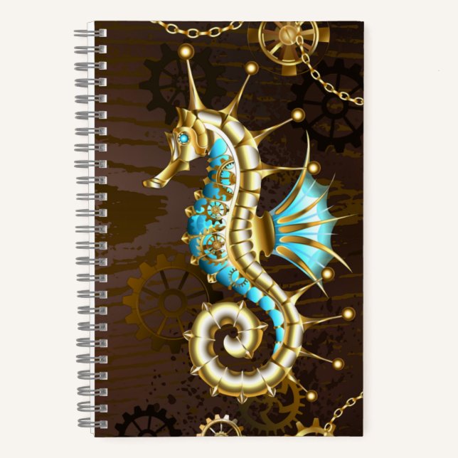 Cuaderno Fondo de madera con caballito de mar mecánico (Anverso)