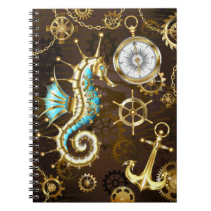 Cuaderno Fondo de madera con caballito de mar mecánico